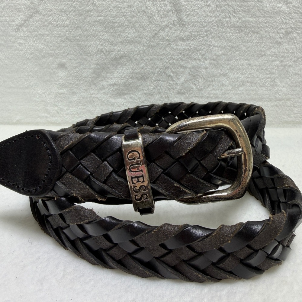 Guess Braided Leather Belt Women Black Woven Wide Silver Logo Plaque Distressed